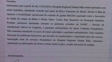 Imagem Hospital de Alagoinhas pode fechar por falta de repasse do Governo