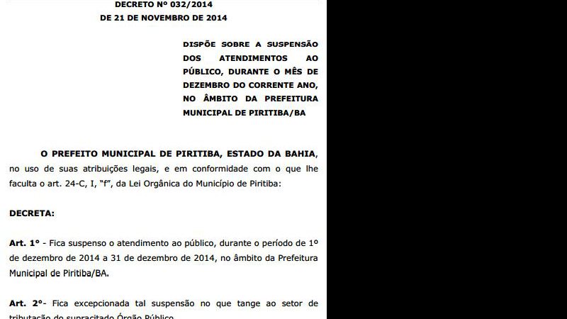 Imagem Piritiba: prefeitura decide suspender atendimento ao público em dezembro