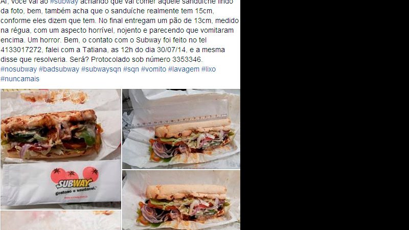 Imagem Consumidor mede sanduíche da Subway e descobre que ele tem 13 cm
